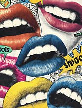 Pop Art Collage Showcasing Vibrant Mouths Communicating Comic-Style Words in a Lively and Expressive Arrangement