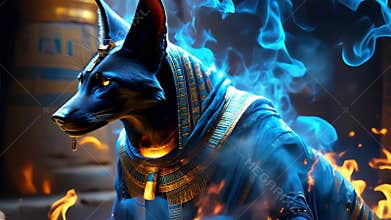 Ancient Egyptian mythical god Anubis in the form of a black jackal