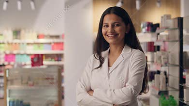 Happy woman doctor Indian ethnic girl portrait pharmacist health care worker pharmacy female smiling physician