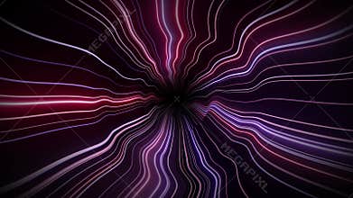 VJ loop animation of liquid tunnel with glowing neon stripes in style of night club illumination