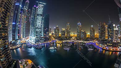 Dubai Marina at night timelapse, Glittering lights and tallest skyscrapers