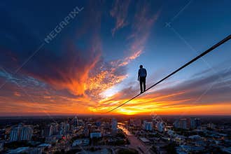 Man balances on tightrope over city skyline at sunset, showcasing courage and skill