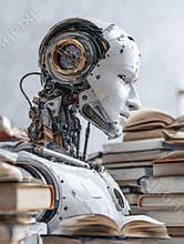 Neural AI Machine Engaged in Knowledge Exploration Amidst Piles of Books and Notebooks in a Serene Study Environment