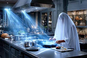 Ghostly figure cooks in a magical kitchen illuminated by blue light beams during nighttime