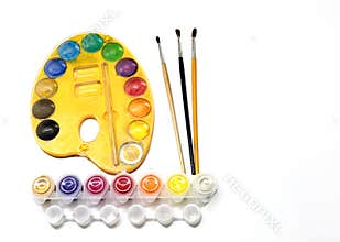 Watercolor Paint Set with Brushes on White Background