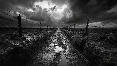 Dramatic muddy trench under stormy skies with barbed wire fence perspective.