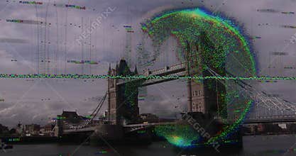 Artifact lines drifting over Tower Bridge while particles swirling into glitch sphere then fading