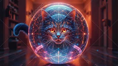 Neon Feline Core - 4K Cybernetic Cat in Fractal Energy Sphere for Sci-Fi & Cyberpunk Visuals