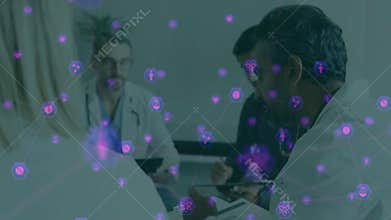 Doctors and patient at table, icons materializing into network, tapping clipboards for consultation