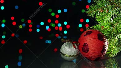 Christmas tree decorations balls on blinking background