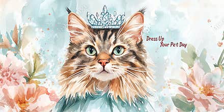 Watercolor illustration for National Dress Up Your Pet Day featuring a fluffy cat wearing a sparkling crown.