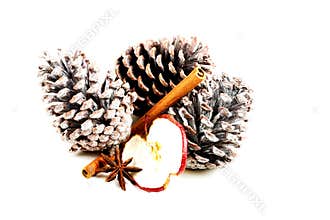 Three cones of a tree with cinnamon and spple slice.