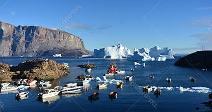 Frozen Fishing Boats Surrounded by Ice, Artic Greenland