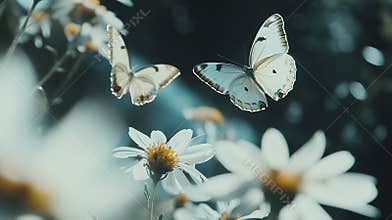 Two butterflies are flying over a field of white flowers. The scene is calm and tranquil, with the butterflies
