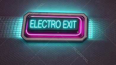 Electro Exit The Log Off button appears as a digital artifact with sharp blocky edges. It glimmers with teal and magenta