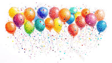 Colorful balloons made from tiny dots floating on white background