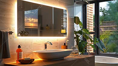 This modern bathroom showcases a clever smart mirror, sleek fixtures, and a serene sunset view