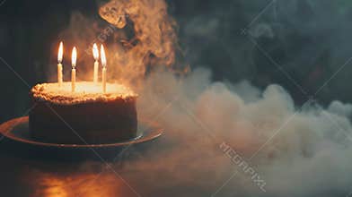 Burning candles are blown out on a cute birthday cake