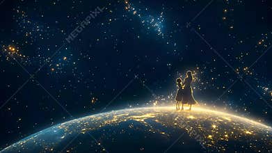 Mother and daughter exploring a starry universe above Earth during a serene cosmic moment