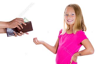 Adorable girl smiling and demanding money for allowance