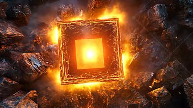Square artifact surrounded by fire and smoke is glowing