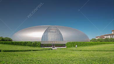 BEIJING, CHINA - OCTOBER 7, 2024: breathtaking timelapse of the National Centre for the Performing Arts in Beijing