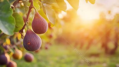 Figs hanging from a tree in a serene orchard, with a sunset casting a warm glow and copy space