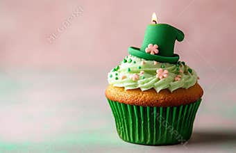 St. Patricks Day Cupcake with Green Hat and Candle on Pastel Background
