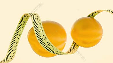 isolated yellow measuring tape are curled around yellow liquid