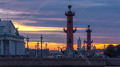 Sunset over Strelka - Spit of Vasilyevsky Island with Rostral Columns timelapse in Saint Petersburg, Russia