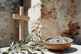 Religion, faith, liturgy, Ash Wednesday, Lent background. Wooden cross, ceremonial ash bowl and olive branch on grunge