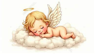 Cute baby angel sleeping peacefully on soft cloud with halo