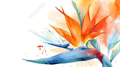 Closeup of orange and blue Bird of Paradise flower, water color painting of tropical flower