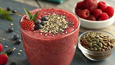 Smoothie Nutrition A closeup of a smoothie topped with hemp seeds and chia seeds reflecting added nutrients and visual