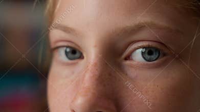 Close up calm pensive sad eyes Caucasian little girl child kid schoolgirl model orphan school student pupil learner