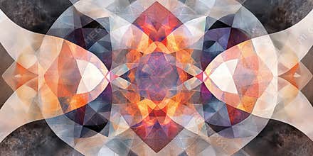 A colorful abstract painting with a large orange diamond in the center
