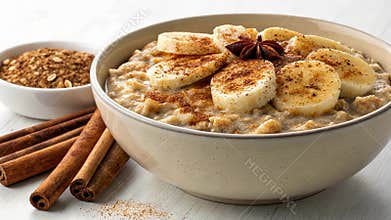 Oatmeal Bowl A steaming bowl of oatmeal adorned with slices of banana and a sprinkle of cinnamon. The fiberrich oats