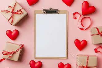 A blank sheet of paper on a pink clipboard adorned with Valentine decorations, including candles, balloons, and confetti