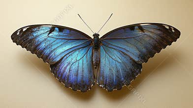 Menelaus blue morpho butterfly showcases its stunning iridescent blue wings and rich dark patterns. striking specimen is