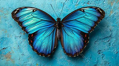 menelaus blue morpho butterfly rests its wings spread open showcasing stunning iridescent blue colors and detailed dark