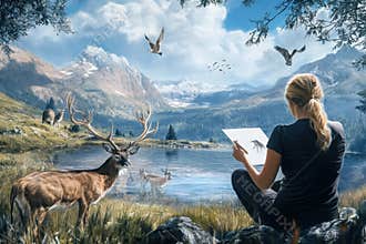 Woman sketches wildlife by a serene mountain lake surrounded by majestic scenery