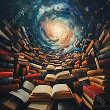 Surreal galaxy vortex of books leading into cosmic whirl