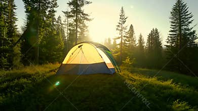A lonely tent in the forest in the rays of the morning sun. Escape from the noise of the big city.