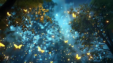 A group of fireflies illuminate the night sky representing the quantum entanglement of particles through space and time