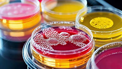 Colorful petri dishes showcasing bacterial cultures