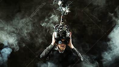 Business man wearing a brain-control helmet