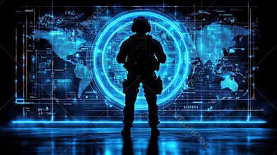 Silhouette of a Soldier Observing a Glowing Digital World Map
