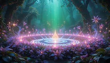 Enchanted Forest Night Scene with Glowing Circle and Pink Flowers