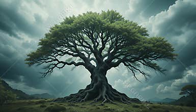 Majestic Ancient Tree Under Stormy Sky Pixel Art