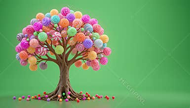 Colorful Pixelated Candy Tree 3D Render: Pastel Spheres on Green Background
